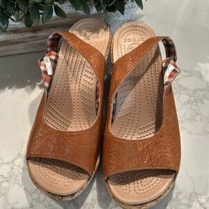 Croc leather wedge sandals in cognac.  Size 8